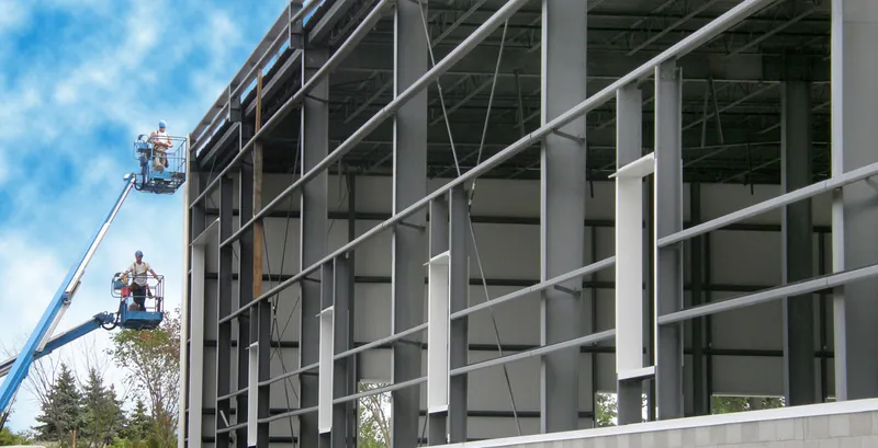 Crews on boom lifts installing wall panels on the Ace Stamping addition’s steel frame