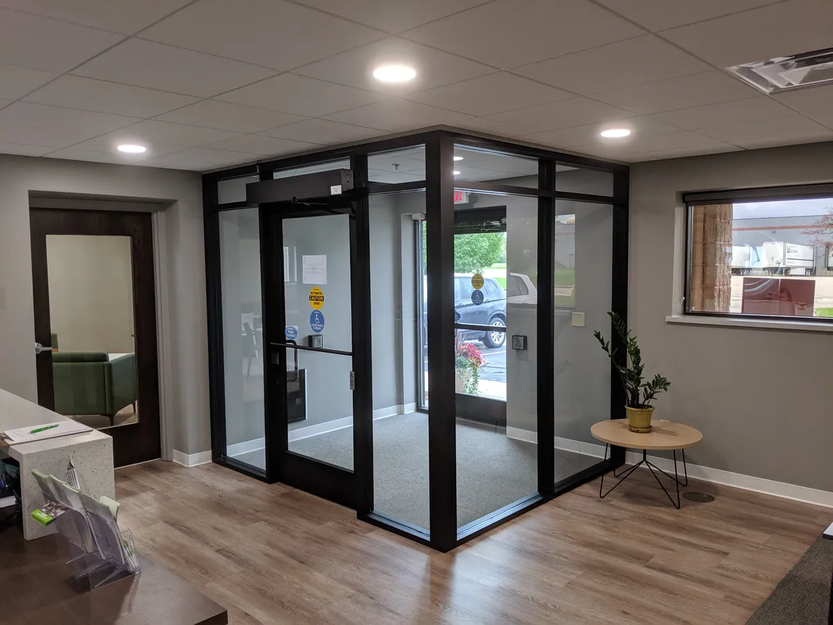 Glass vestibule entrance at Lakeside Curative Services